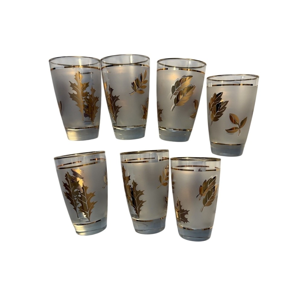 Libbey Tumbler‎ Glasses Vintage Frosted Gold Leaf Set of 7 12oz